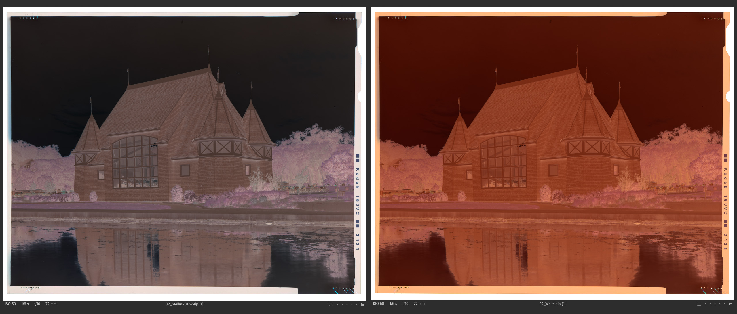 Unadjusted raw file comparison: spectrally calibrated capture from the DT Stellar RGBW versus a standard white light capture