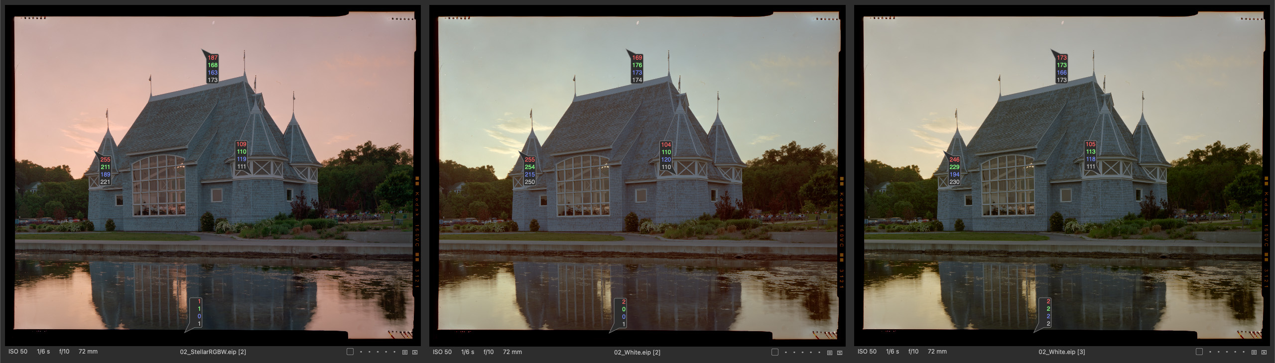 Three-way comparison: spectrally calibrated DT Stellar RGBW capture, manually adjusted standard white capture, and Capture One Convert Negative adjustment