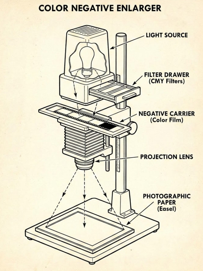 A photographic enlarger, representing the projector-filter-negative-paper system color negative film was designed within