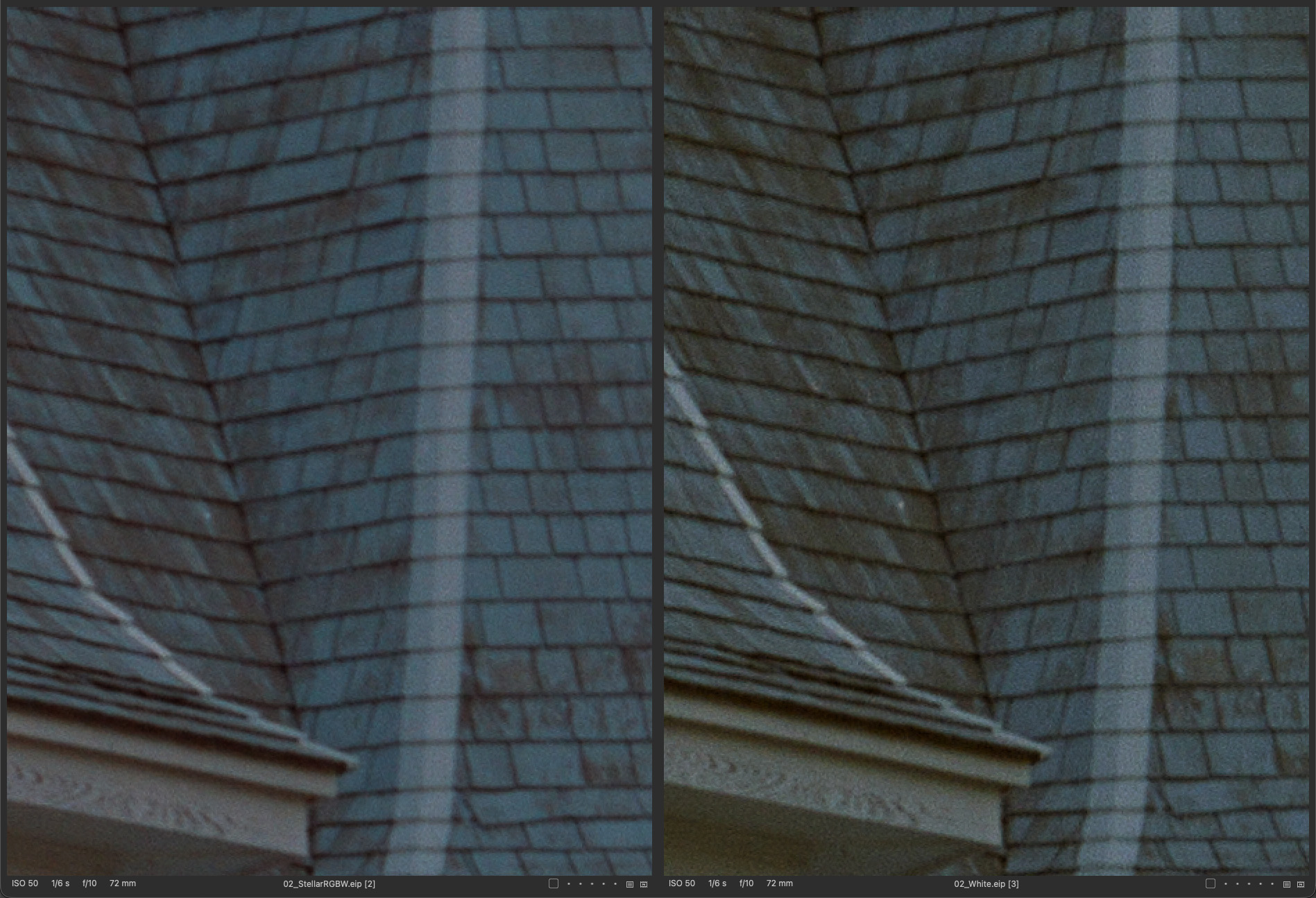 A 200 percent crop comparing noise in the same negative, spectrally calibrated capture versus standard white light capture