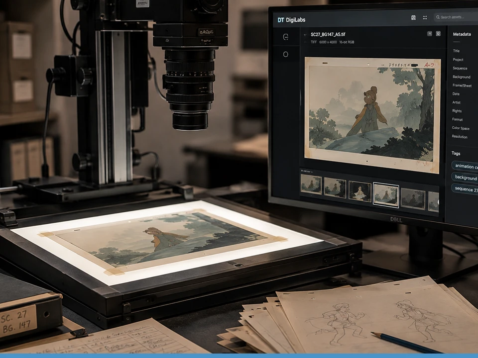 Studio production material being digitized and tagged with searchable metadata for archival reuse.